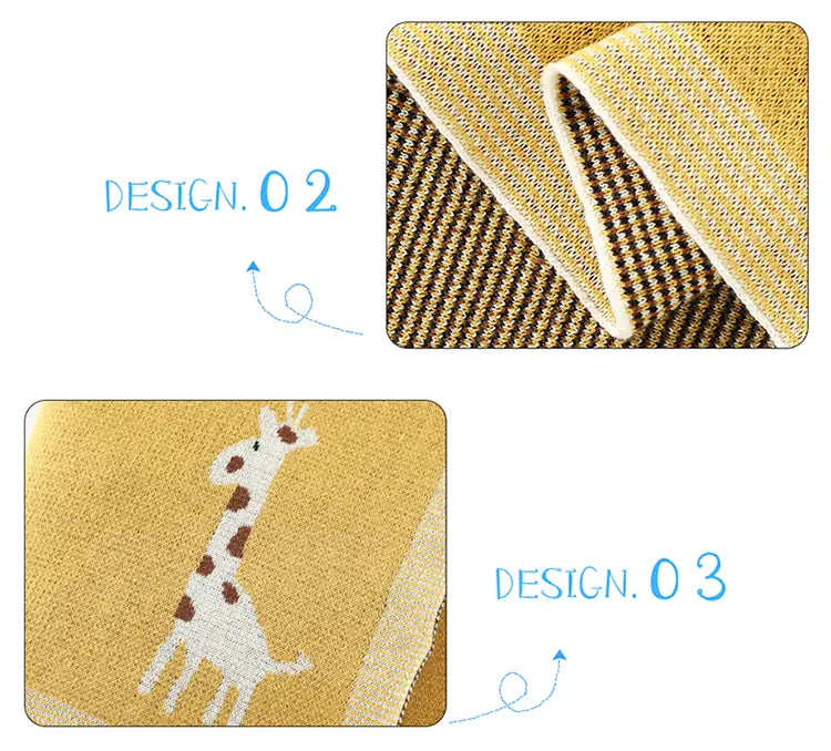 Gestrickte Baumwoll-Babytdecke mit Giraffen, mit gelbem gewebtem Stoff, einem weißen Giraffenmuster und braunen Punkten sowie einer strukturierten Webart.