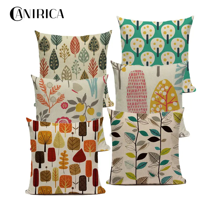 set of six canirica cushion covers 45x45cm featuring autumn-themed tree and leaf patterns in earthy tones on floral faux linen fabric for sofa use