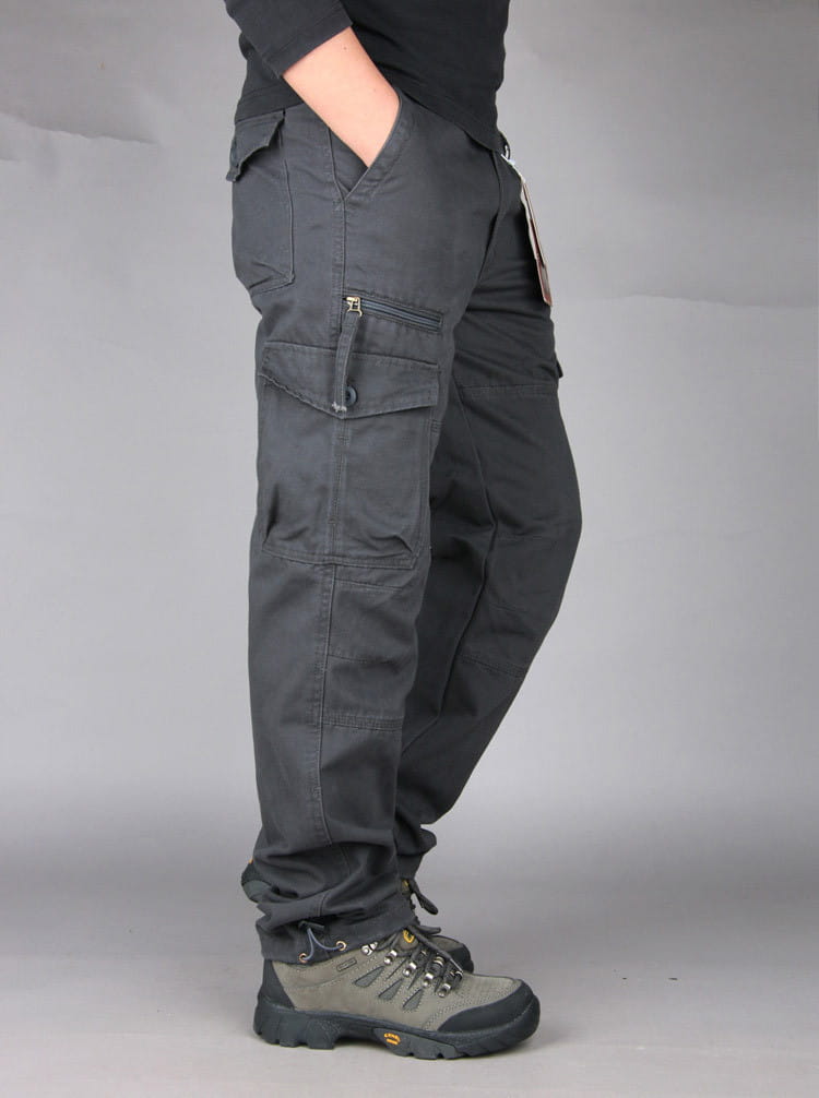 Men tactical cargo pants cotton work trousers in dark gray featuring multiple pockets and durable fabric design.