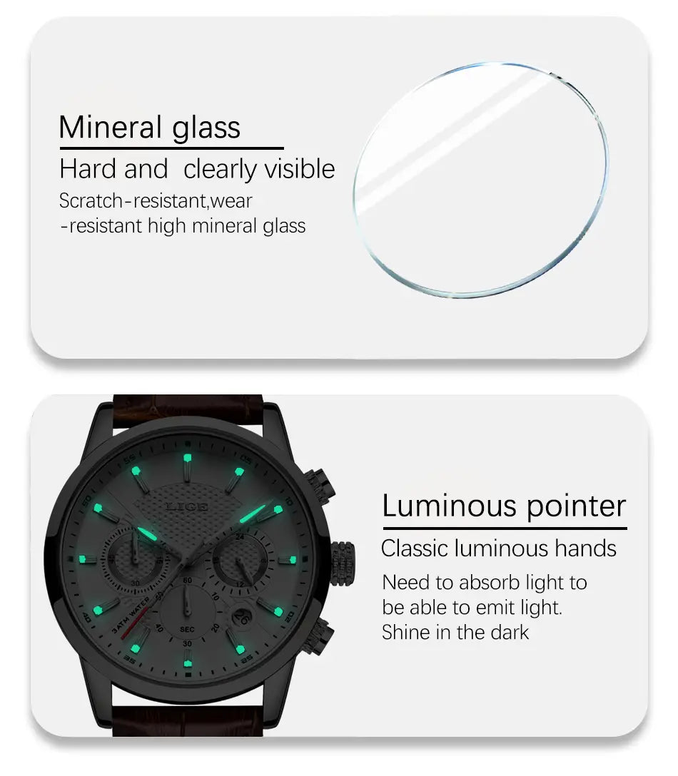 Lige men’s leather chronograph quartz watch with black analog face, luminous green hands and markers, mineral glass, and brown leather strap.