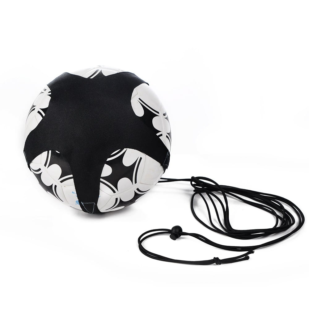 Solo-Fußballtrainer-Gürtel für Torschüsse mit einem schwarzen und weißen Fußball mit floralen Musterungen und einer schwarzen Kordel für Fußballtraining und die Förderung der Geschicklichkeit.