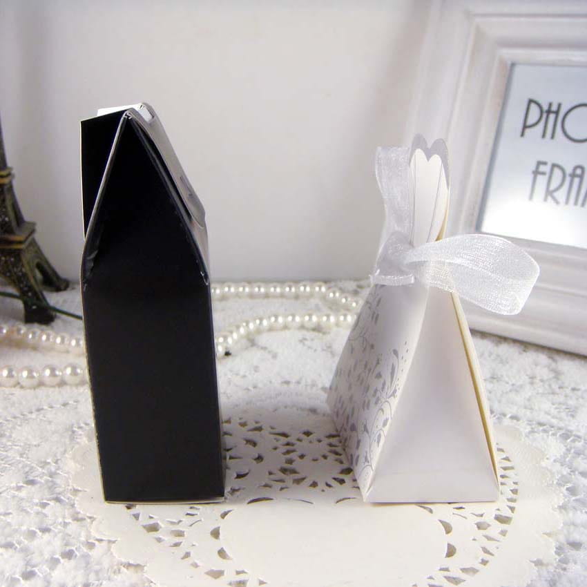 black and white triangular bride and groom wedding favor candy boxes with delicate ribbon ties set of 30 pieces