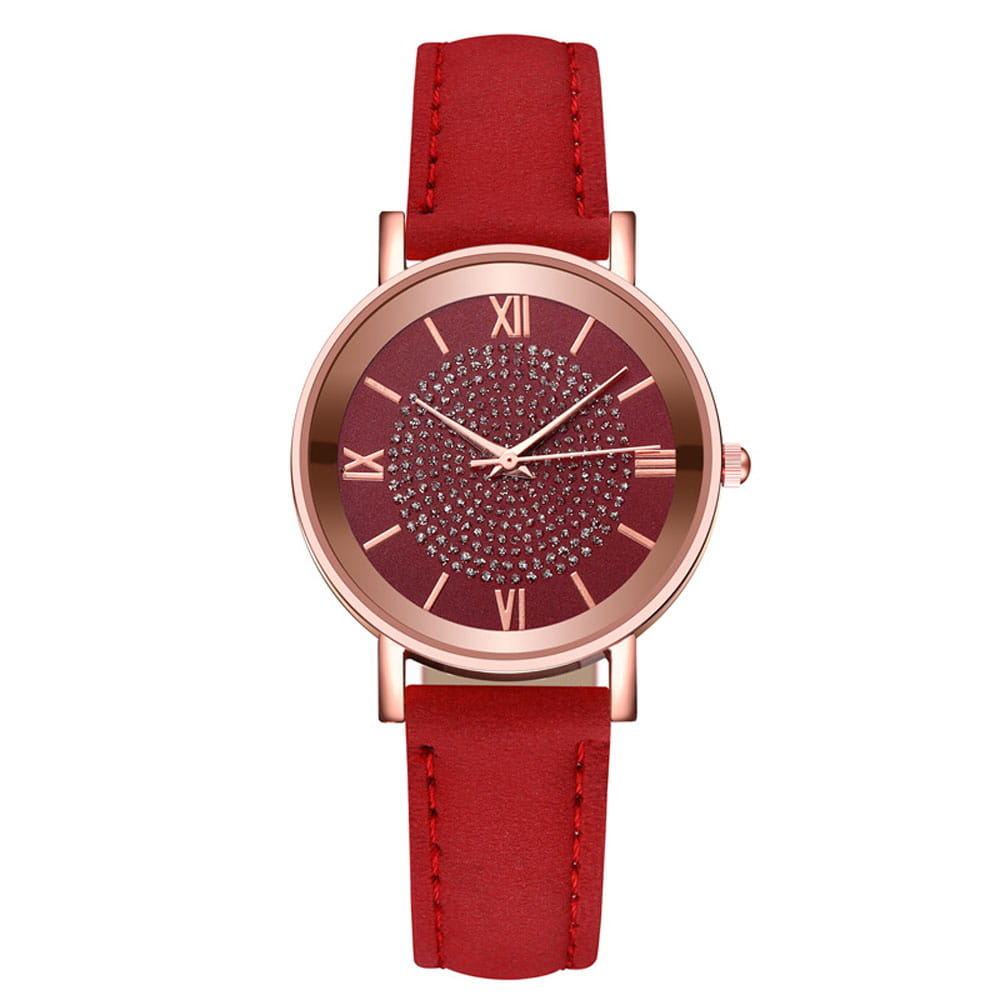 Rose gold crystal quartz women watch with a red leather strap and a burgundy dial adorned with sparkling crystals.