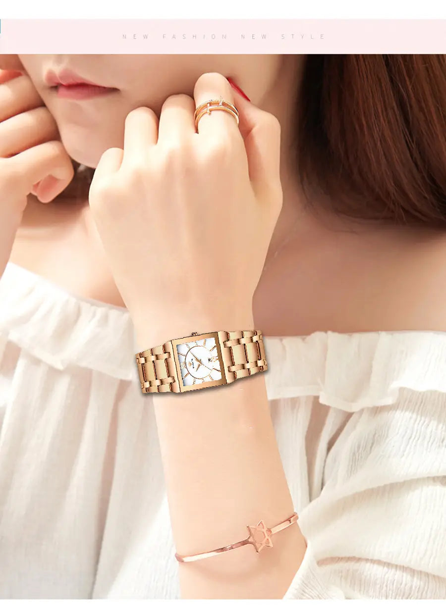 Wwoor blue square women watch luxury stainless steel features a rose gold metal strap and a square white dial.