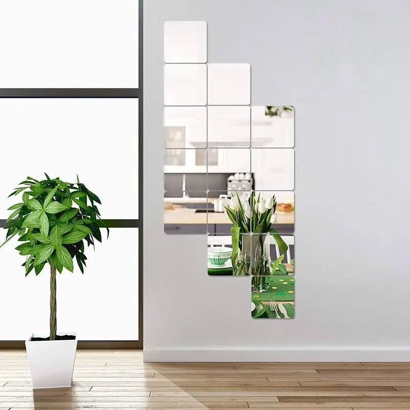 a modern acrylic mirror wall sticker featuring multiple square mirrored panels with a reflective surface designed for home living room and living room bedroom decor.