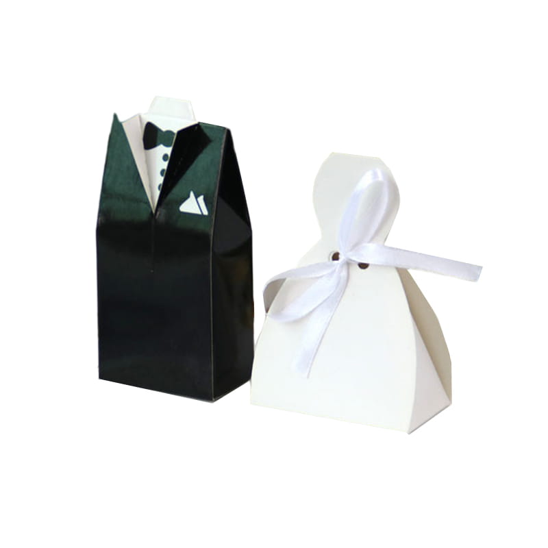 black and white paper wedding favor candy boxes designed as a bride and groom tuxedo and gown set 30 pieces for wedding celebrations