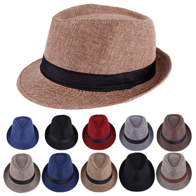 Sombrero tipo fedora de color beige tejido para hombres, de algodón y lino, con banda de satén negra, diseñado para uso casual como protección solar