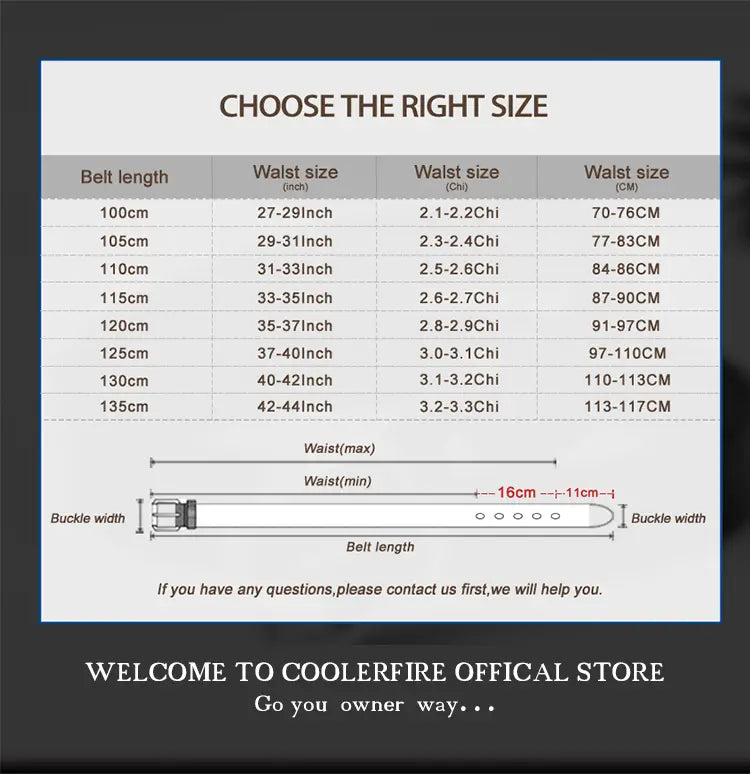 Size chart for tactical canvas webbing belt with automatic buckle displaying various lengths and corresponding waist sizes in inches and centimeters with measurements illustrated.