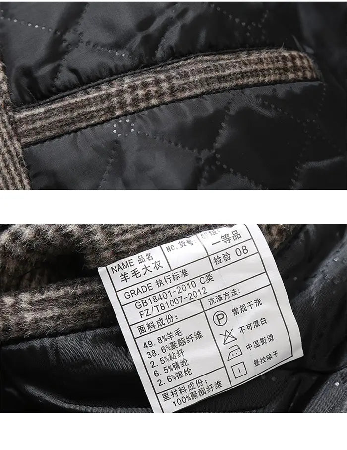 black quilted wool coat with a textured patterned inner lining for men designed as a slim fit winter jacket