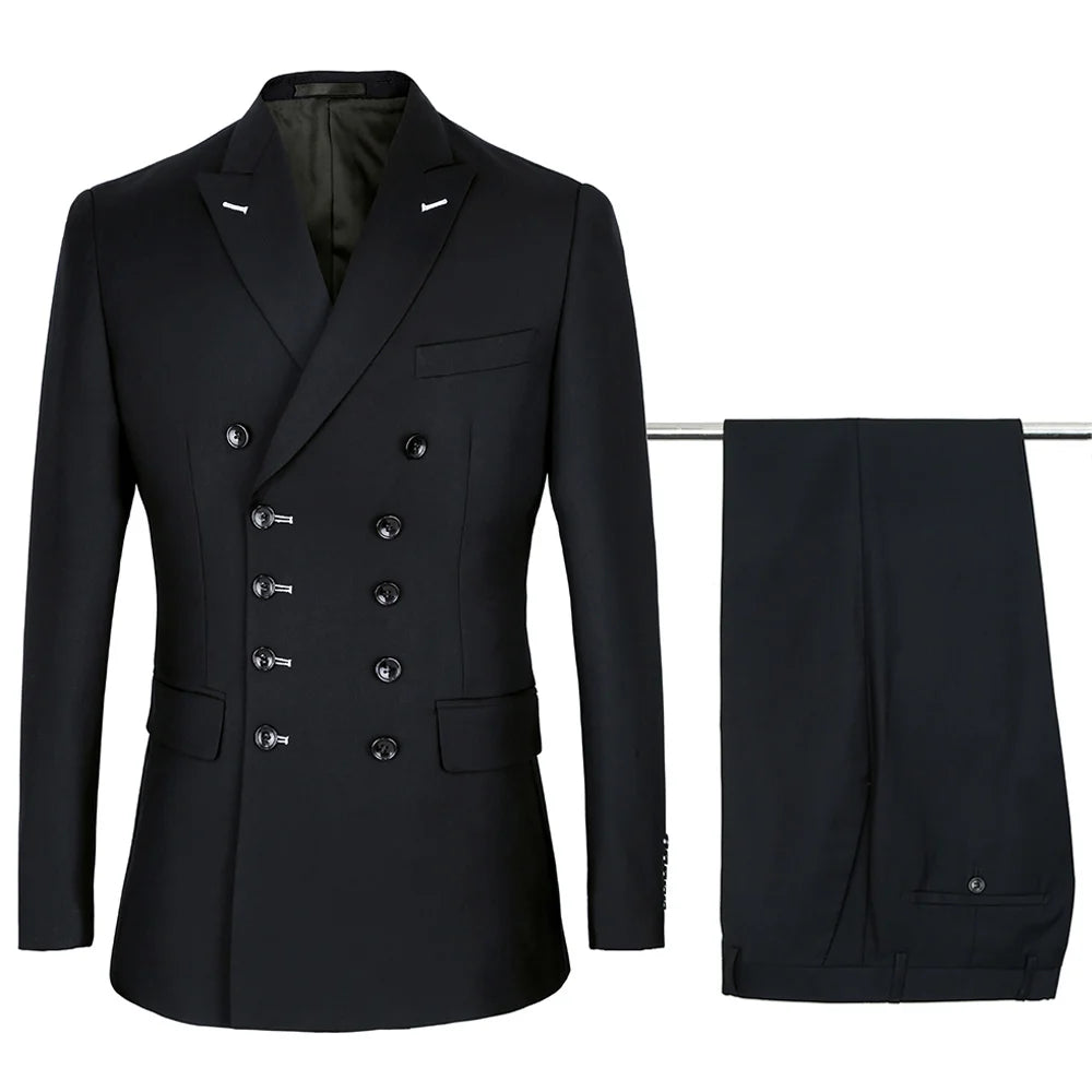 Shenrun Men Suits Slim Fit New Fashion Suit Double Breasted Peak Lapel Navy Blue Black Wedding Groom Party Prom Skinny Costume