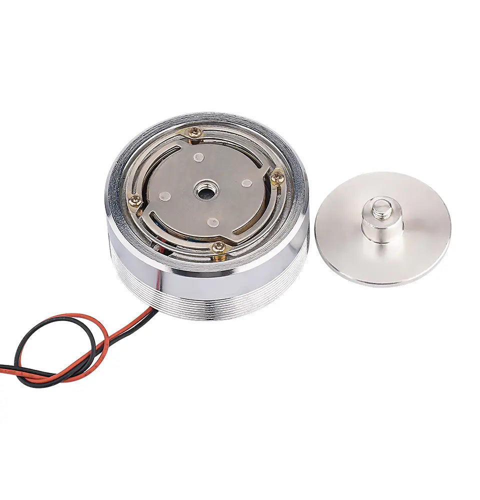 Aiyima 25w full range sound exciter speaker featuring a shiny chrome-finished circular motor with exposed internal components and attached red and black wiring.