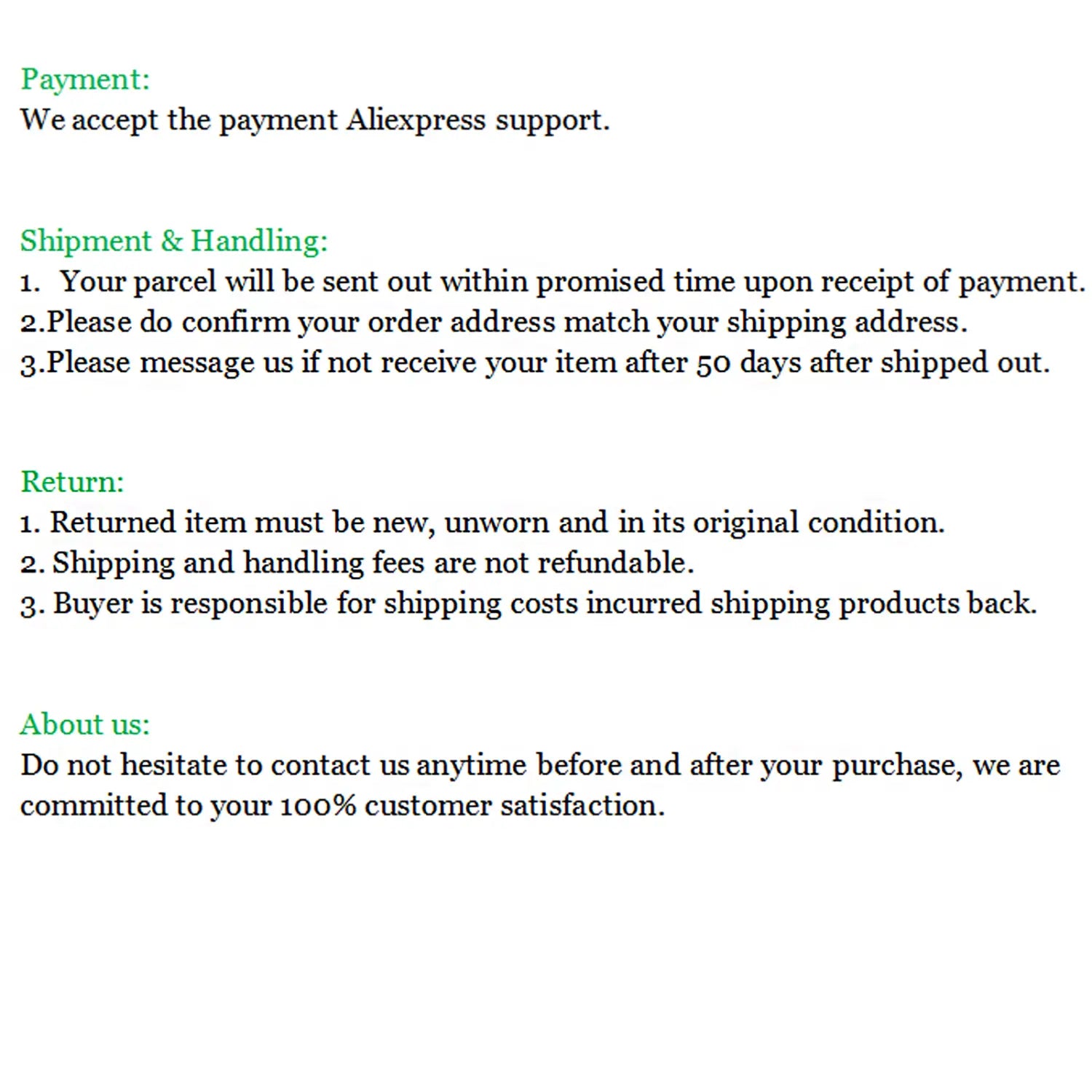 The plain white text document with green headings on the back side of the doll accessories set 50 piece fashion outfit collection details payment shipping and handling return policies and customer service information for an online seller.