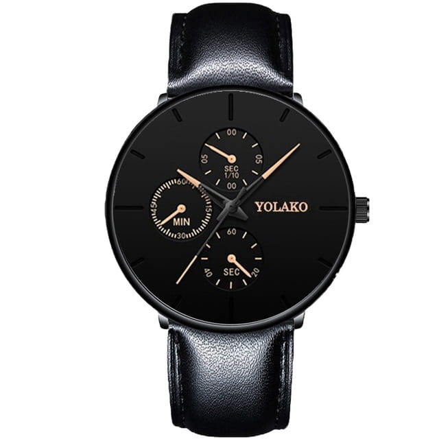 Montre Yolako noire avec un bracelet en cuir élégant et trois sous-cadrans pour l’indication de l’heure, présentée comme une montre à quartz à maille noire ultrafine pour hommes.