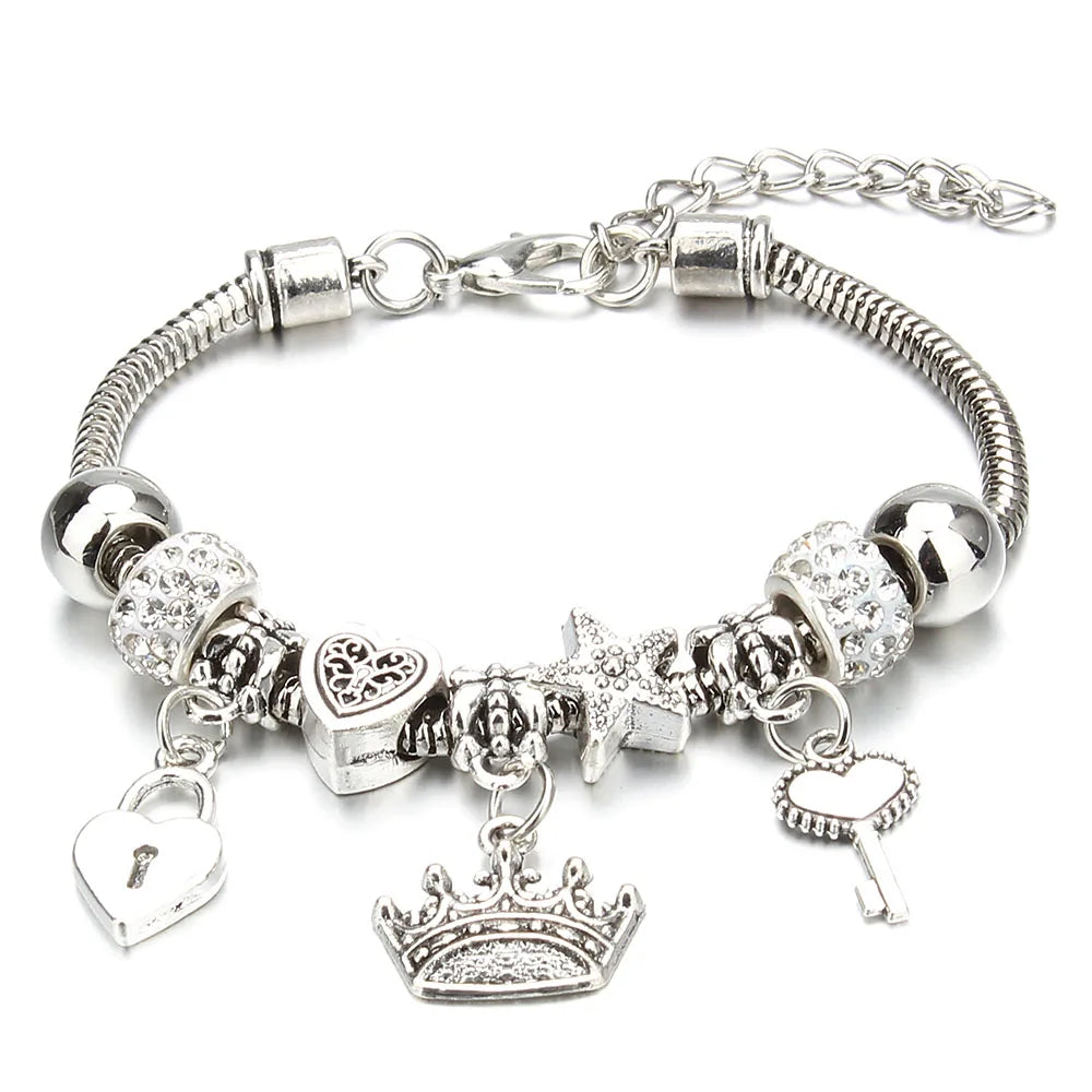 Charm Bracelet & Bangles Jewelry 6 Color Clay Zircon Ball Crown key lock Shape Beads Bracelets For Women Girl Friendship Gift