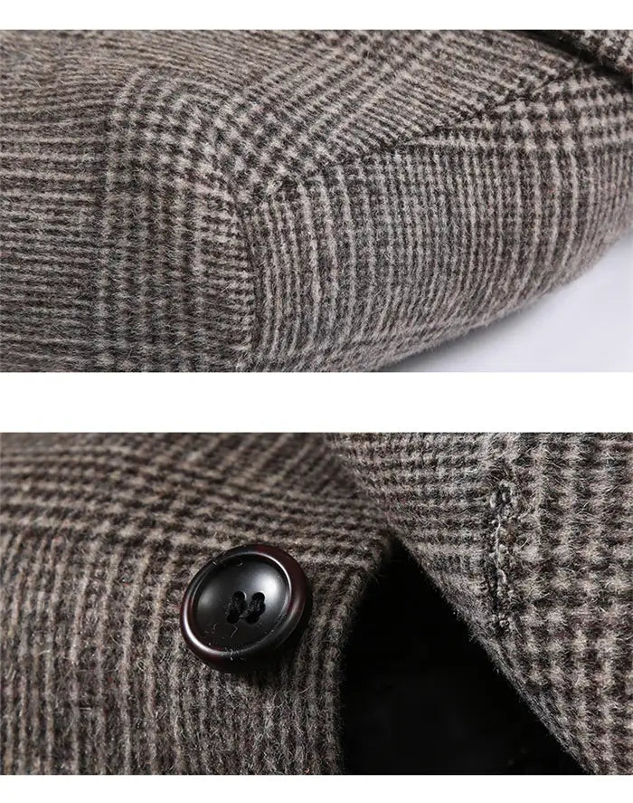 A classic men’s wool plaid overcoat slim fit winter jacket in shades of gray and brown featuring a tweed pattern and dark wooden buttons.