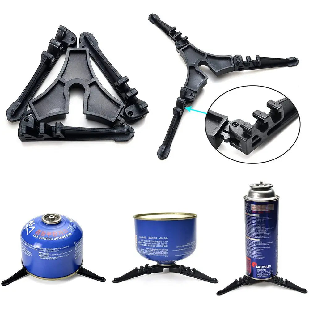 Schwarzer Kunststoff-Tripodständer für Camping-Gasflaschen, enthalten in einem Camping-Kochgeschirr-Set mit Herd und Töpfen.