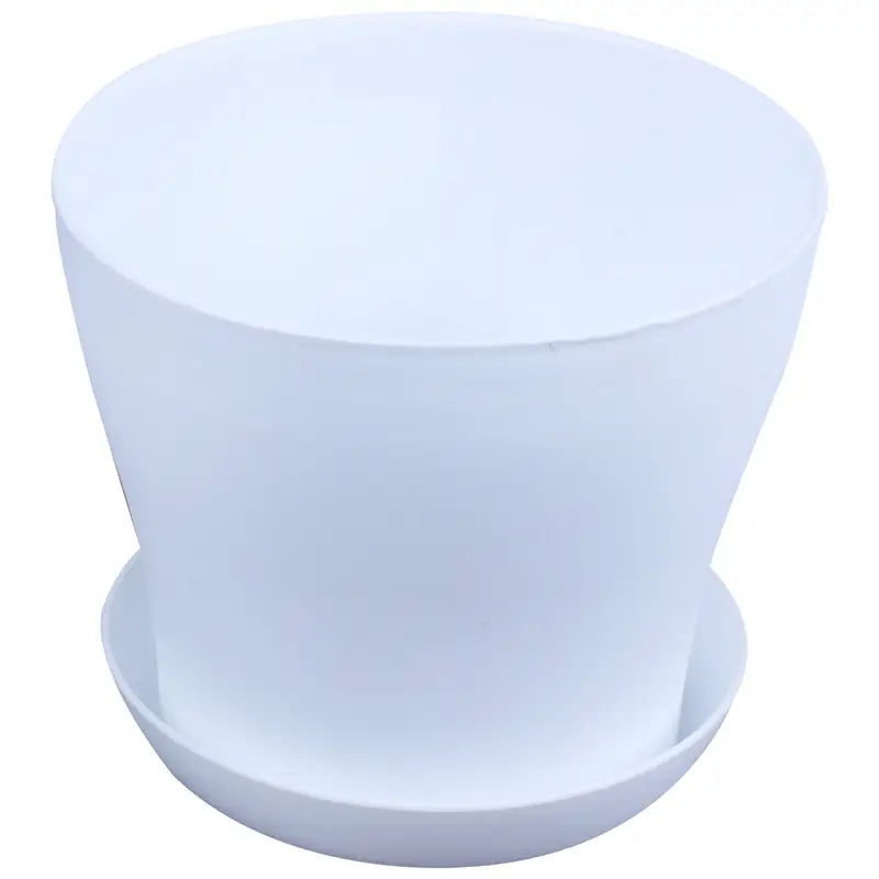 White plastic plant pot with matching saucer 17cm ideal for wholesale drop shipping orders.