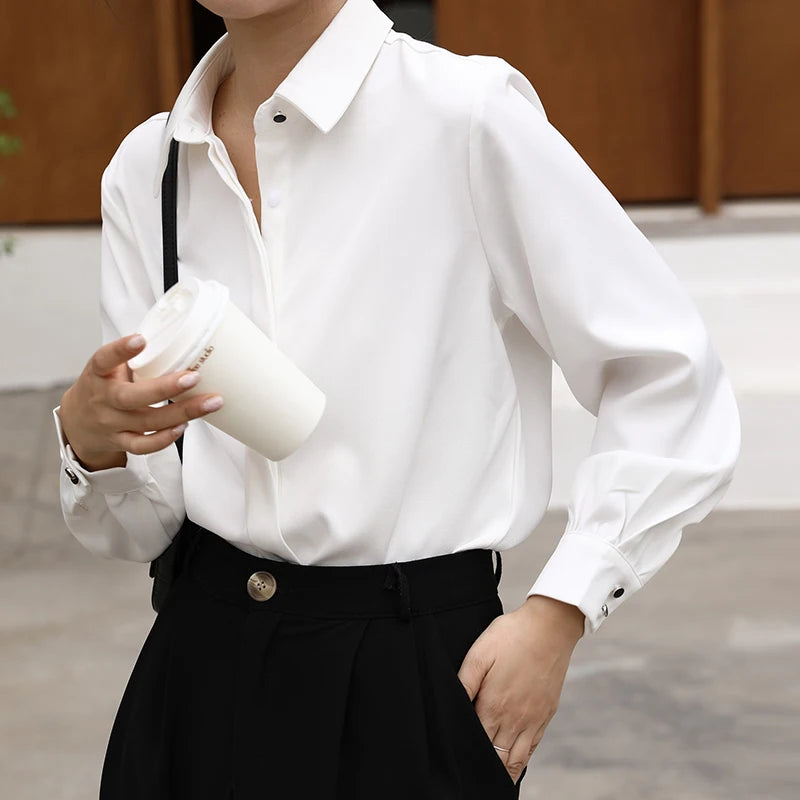 OL Style Formal Women White Shirts Turn-Down Collar Blouse Tops Elegant Workwear Female Blusa Single-Breasted Shirts Long Sleeve
