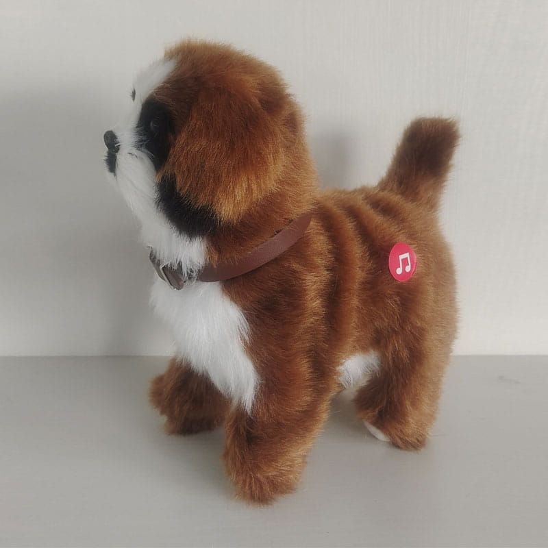 茶色の首輪を着用し、黒い顔をした、茶色と白色のぬいぐるみの子犬用おもちゃで、背面に赤い円形ボタンを備え、インタラクティブ・サウンド制御ロボット犬用おもちゃとして設計されています。