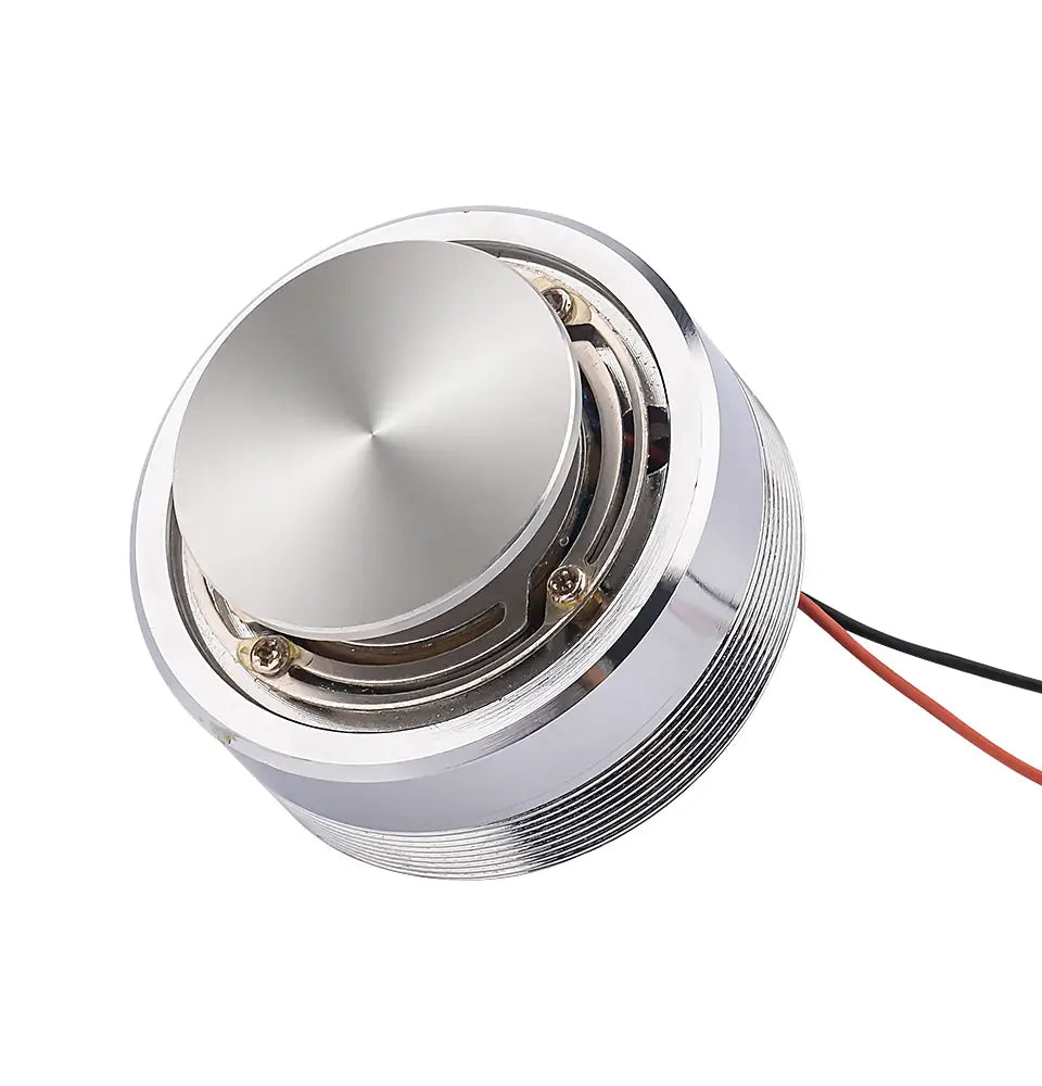 Aiyima 25w full range sound exciter speaker with a chrome-finished circular design, brushed metal top, and threaded cylindrical housing.