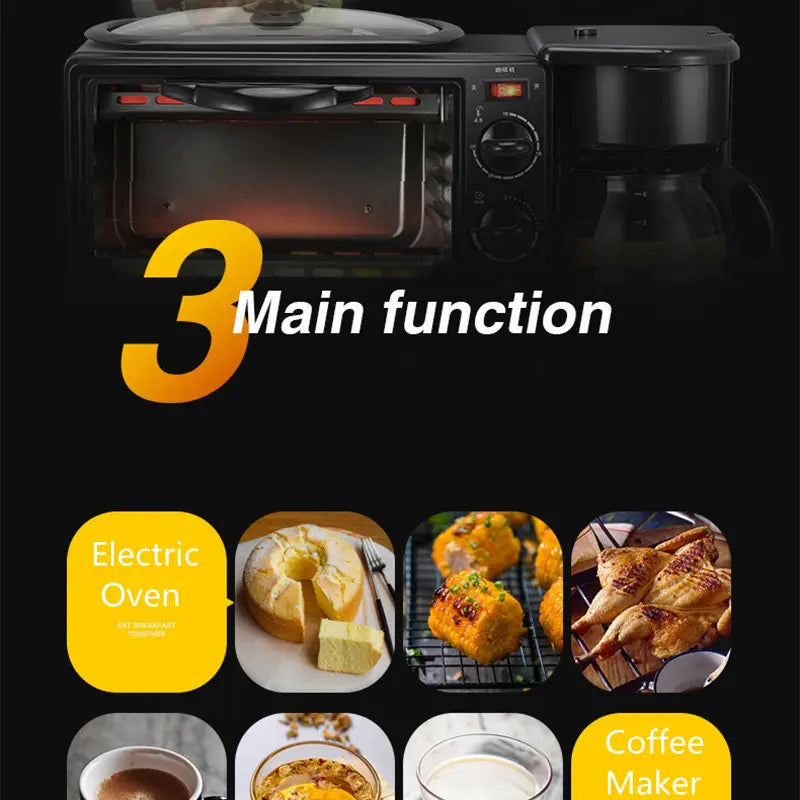 Black 3 in 1 breakfast station coffee maker and toaster oven combo appliance with glass lid control knobs and integrated coffee brewing system.
