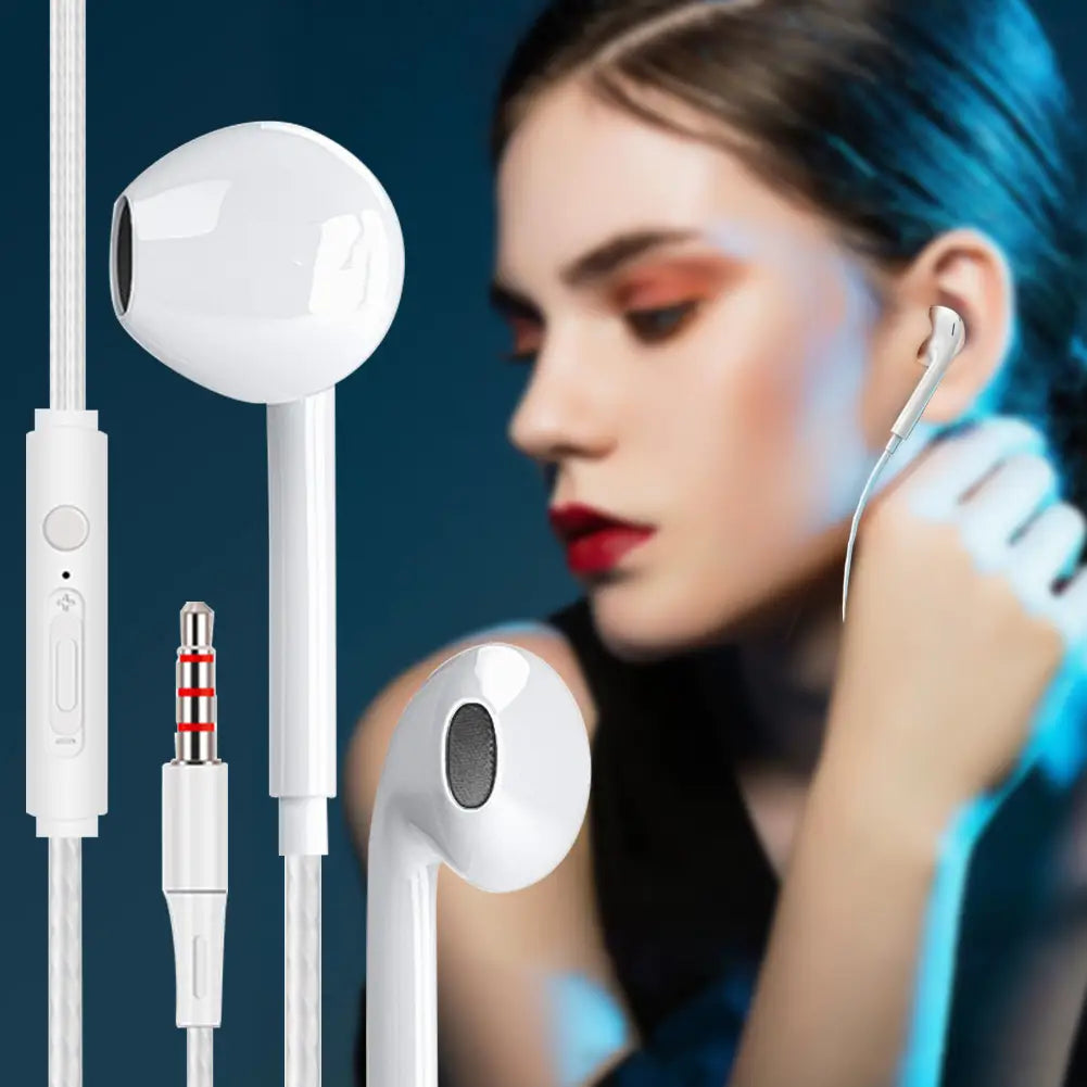 White wired earphones with mic and bass stereo featuring a glossy finish and an inline control module.