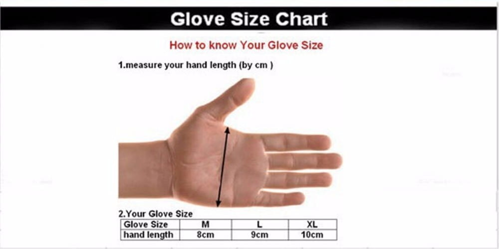Tabla de tallas de guantes con guía de medición de la mano y tabla de tallas para guantes de motocicleta de cuero de talla mediana grande y extra grande con protección de nudillos de carbono para equipamiento de conducción.