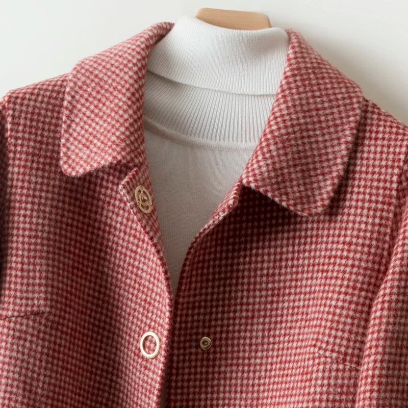 New Women Jacket Winter Woolen Coat Elegant Turn Down Collar Plaid Long Woolen Coat Single-breasted Warm Coat Casaco Feminino