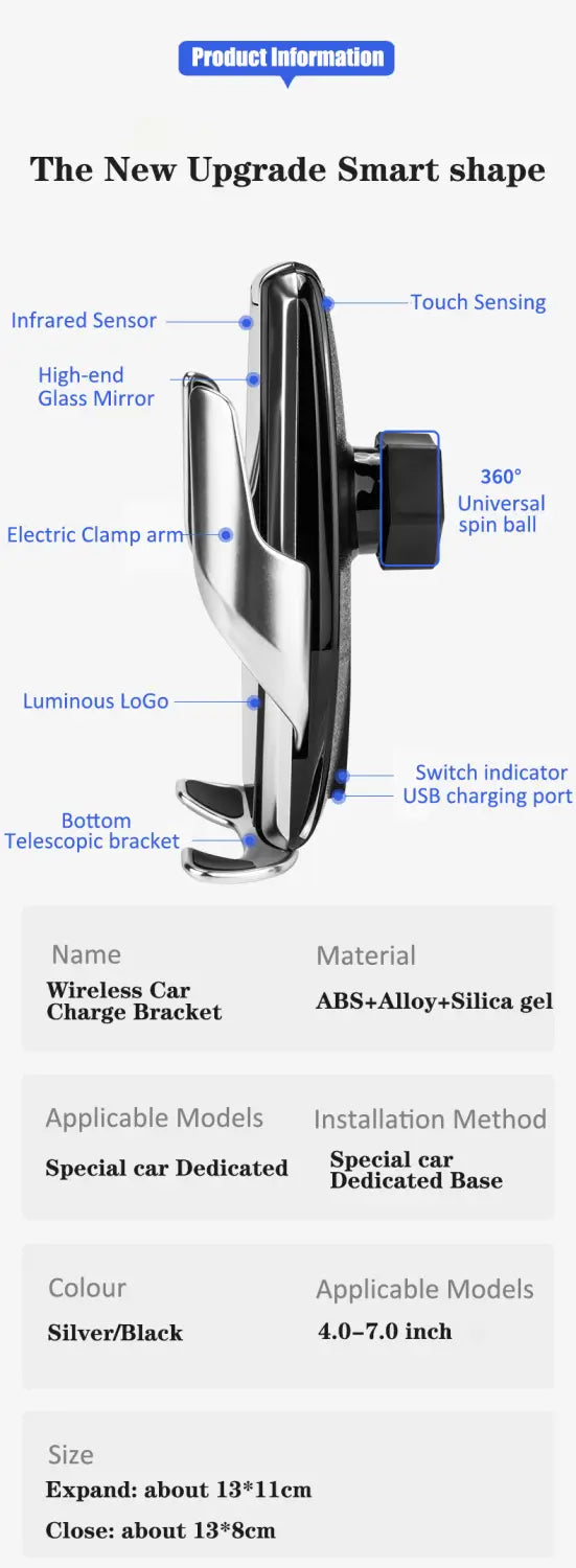 Support de téléphone de voiture sans fil Mg Rx5 argent et noir, avec un design épuré, une fonction de commande tactile par capteur infrarouge et une bille universelle pivotante à 360 degrés.