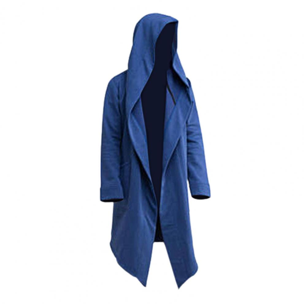 Capa larga gótica con capucha para hombre, mostrada desde la parte posterior; abrigo largo con capucha en azul real, con diseño moderno y elegante y un sutil forro interior negro.