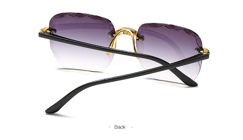 Black-framed square gradient sunglasses for women featuring gold-tone metal accents and gradient purple lenses.