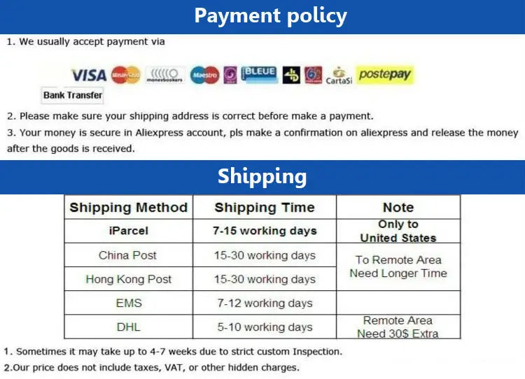 payment policy and shipping information for aliexpress featuring accepted payment methods including visa and paypal and international shipping options such as iparcel china post and dhl for rose gold crystal lapel pin suit brooch