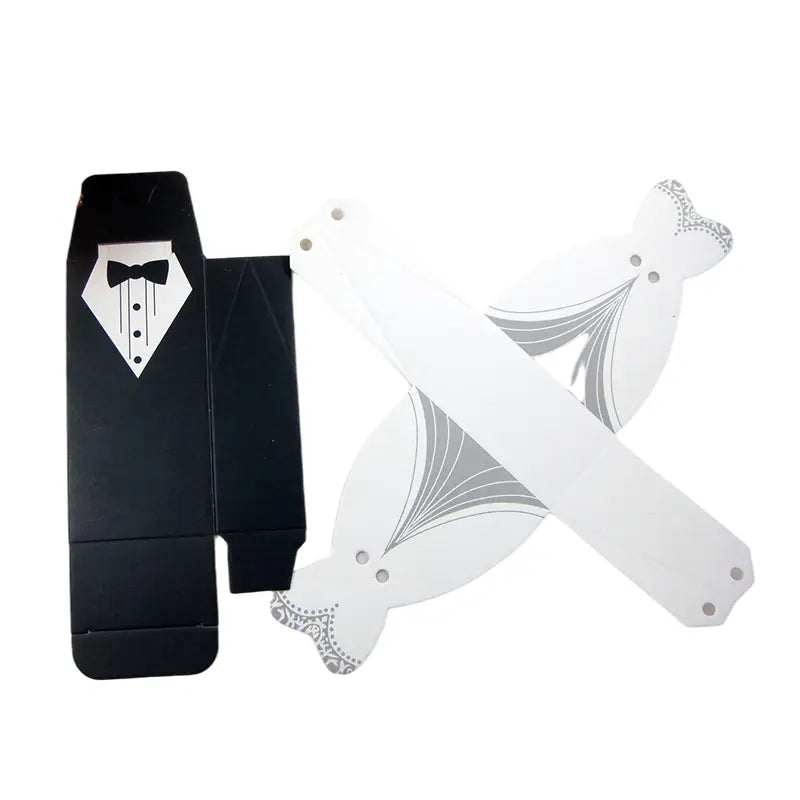 black tuxedo-themed paper gift box with white bow tie design and silver foil detailing for bride and groom wedding favor candy boxes set of 30 pieces