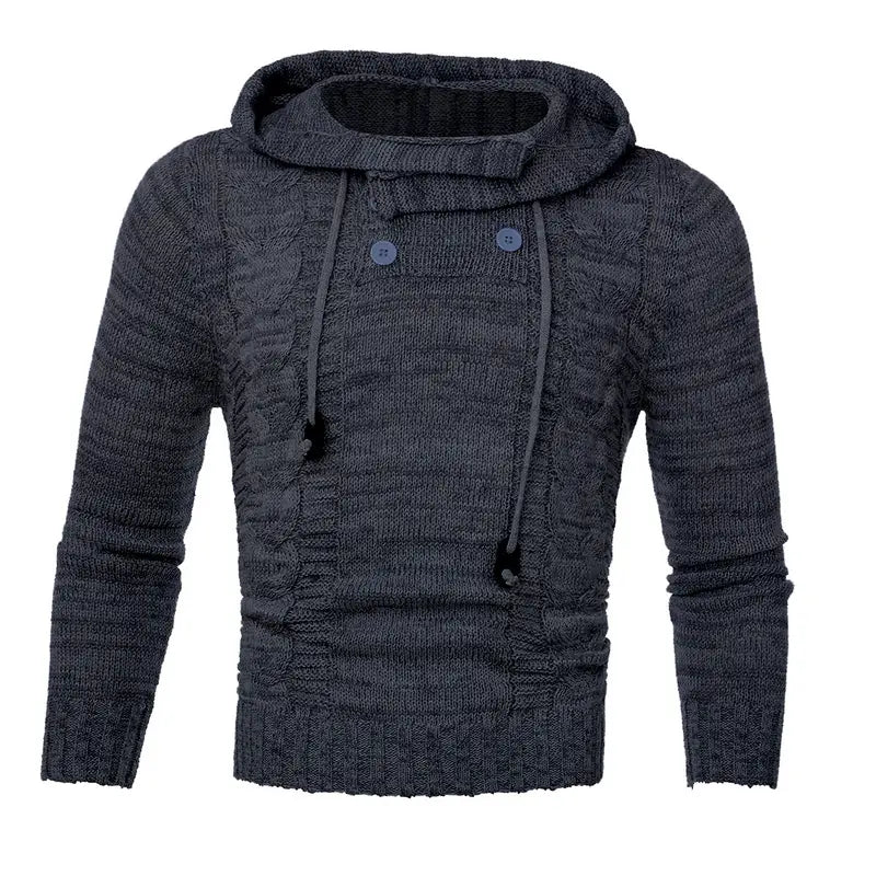 Figurbetonter Herren-Strickpullover mit Kapuze aus dunkelgrauem strukturiertem Strick mit Schalkragen und Detail mit Kordelzug.