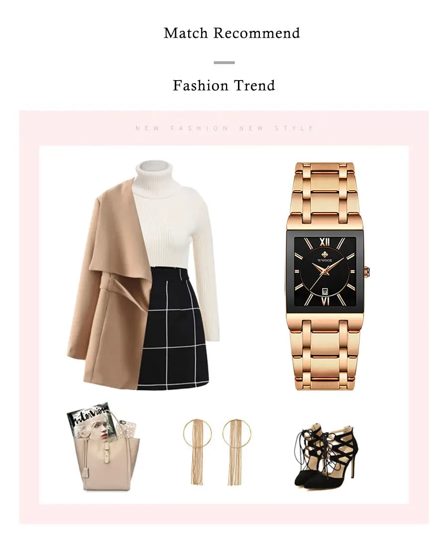 Wwoor blue square women watch luxury stainless steel featuring a rose gold rectangular case with a black face and roman numerals.