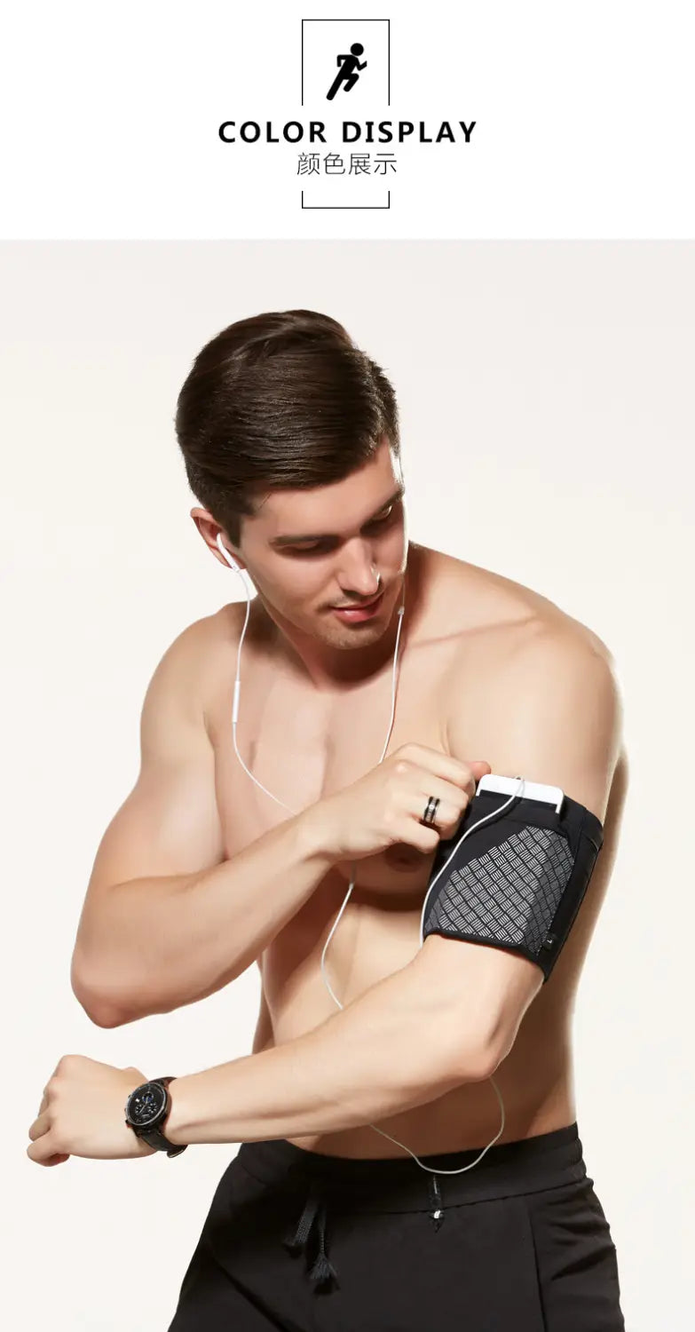 black mesh running armband with white trim and elastic strap designed for 6.5 inch phones