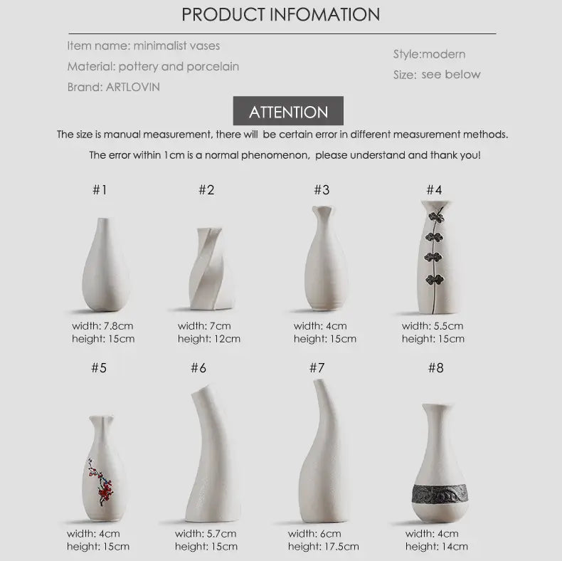 modern white ceramic vases in minimalist styles with subtle black floral motifs and dark bands for floral decor.