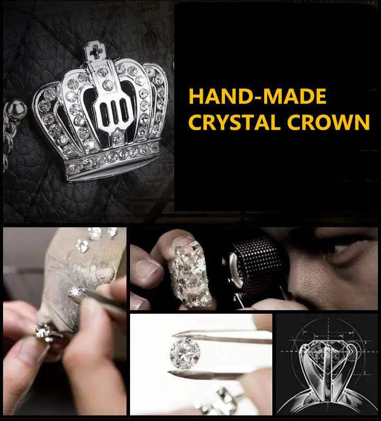 Hand-made crystal crown with a silver-toned metal frame and embedded clear crystals displayed alongside a crown leather car steering wheel cover set.