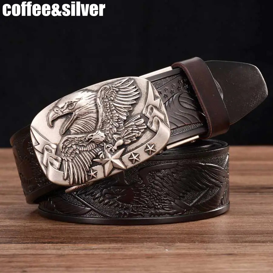 Men’s leather ratchet belt featuring a silver eagle buckle with a dark brown leather strap embossed with star and eagle designs.