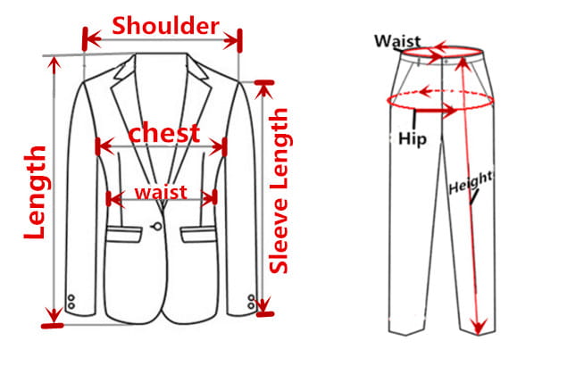 Technical drawing of a men’s blazer and trousers with red measurement labels illustrating sizing details alongside a women’s fur collar winter parka jacket.
