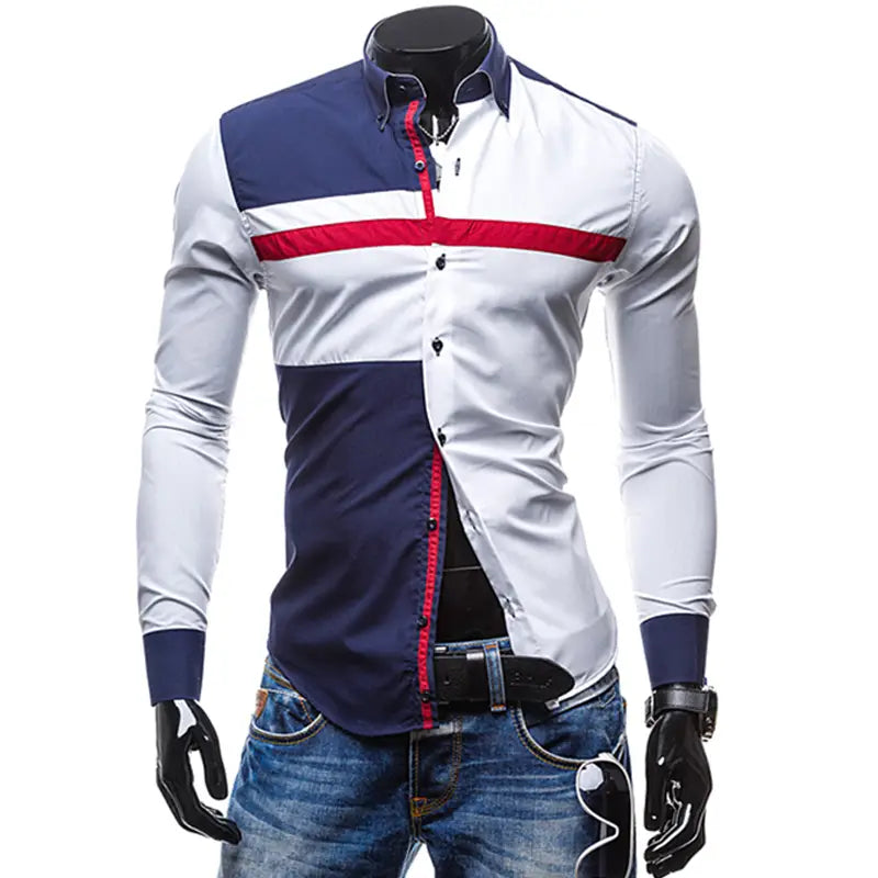 Men striped slim fit long sleeve casual shirt with modern color-block design featuring white navy blue and red accents.