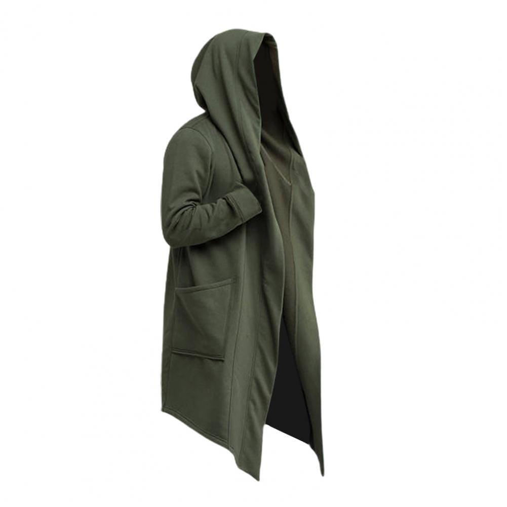Capa larga gótica con capucha para hombre en verde oliva, con ajuste relajado y bolsillos delanteros, diseñada para uso casual.