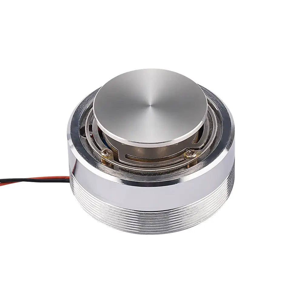 Aiyima 25w full range sound exciter speaker featuring a silver cylindrical module with a brushed metal finish and visible internal components.