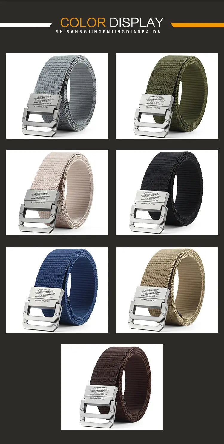 tactical canvas webbing belt with a silver-toned metal automatic buckle in multiple colors including gray olive green beige black blue tan and brown designed for military-style use.