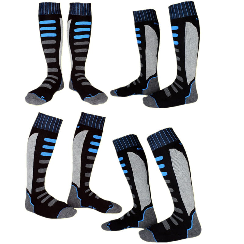 Chaussettes de ski thermiques en coton épais noir gris et bleu, avec bord-côte et panneaux renforcés, conçues pour les sports d’hiver en famille.