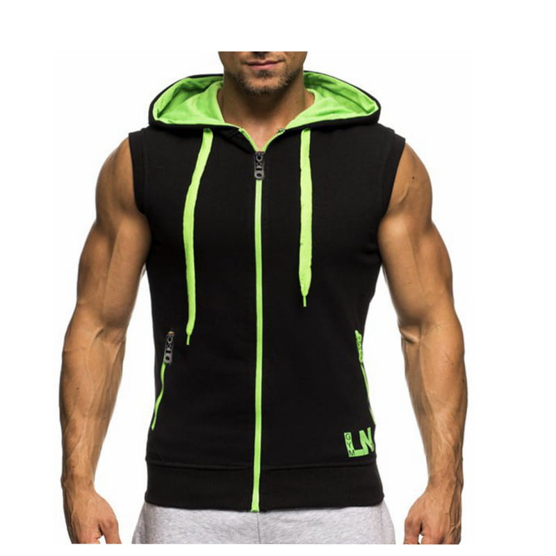Men sleeveless zip hoodie gym tank top activewear in black with neon green inner lining, drawstrings, and zipper accents.