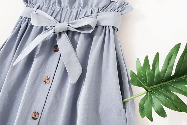 Jupe midi en coton bleu clair, taille haute, robe décontractée en ligne A, avec une ceinture en tissu assortie nouée en nœud et des boutons en bois sur le devant.