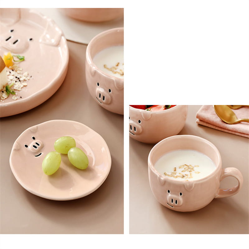 Pink ceramic pig-themed mugs and plates with a glossy finish from the cute pig ceramic dinnerware set.