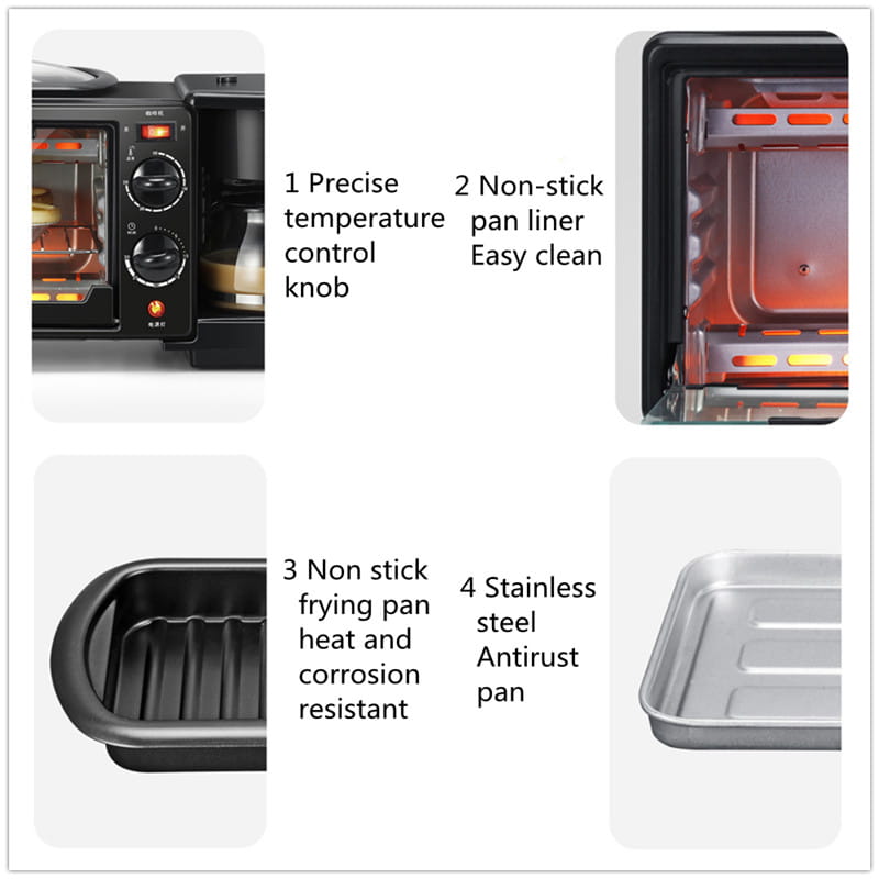 black and stainless steel 3 in 1 breakfast station coffee maker and toaster oven with non-stick pan liner and frying pan accessories for versatile cooking.