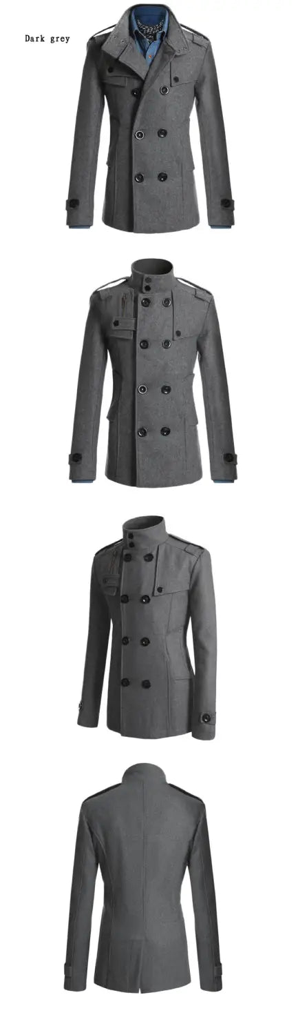 Manteau trench en laine noire pour homme à double boutonnage, présentant une teinte gris foncé, avec des boutons noirs et des pattes d’épaule.
